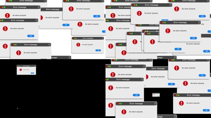 操作系统皮质错误警告。时装失败弹出界面隔离在一个黑色的背景。Alpha通道运动图形