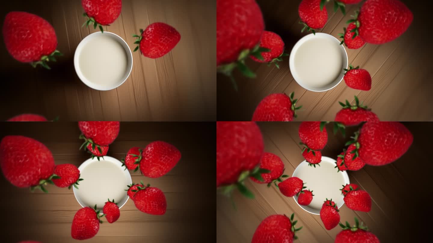 草莓在碗里盘旋，慢慢地掉到牛奶里