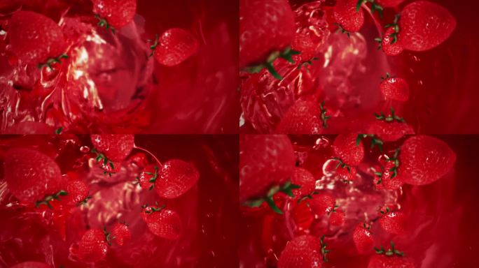 水槽里螺旋形的新鲜草莓。落入红色水或果汁中的水果