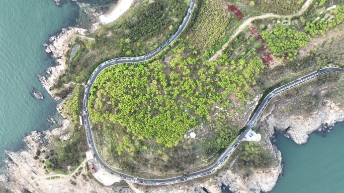 航拍夏季的威海市环翠区猫头山环海路车流