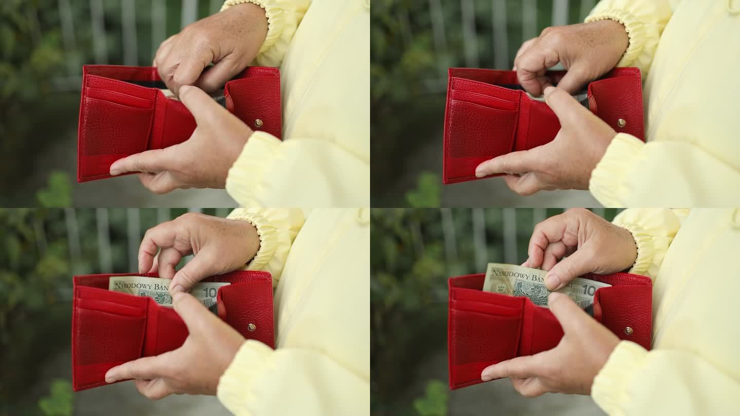 老人手里拿着钱包和兹罗提纸币，准备付款。穿西装的女人从钱包里掏出了钱。