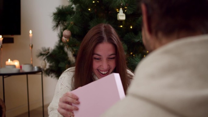 在背后，黑发女孩打开粉红色的盒子，看着男友送给她的礼物，在家里的圣诞气氛中拥抱了他
