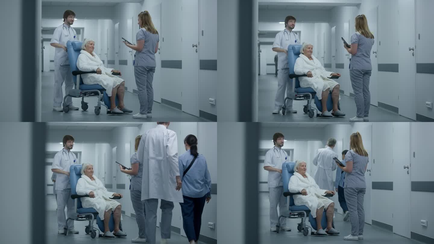 女医生来到诊所走廊的同事和老年病人面前