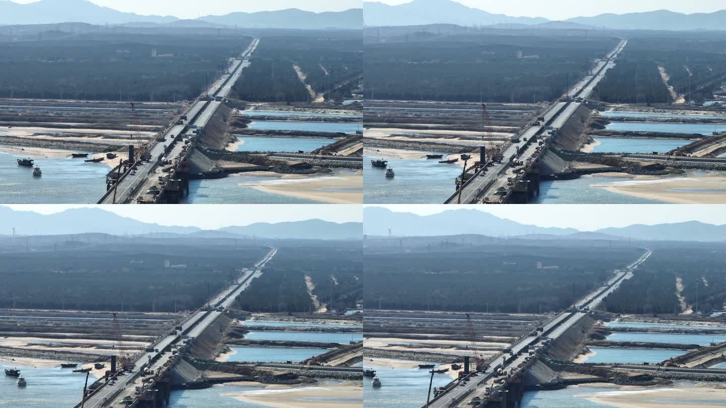 航拍荣乌高速威海双岛湾大桥改扩建夏季施工