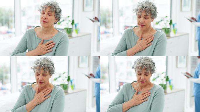 老年妇女，胸痛和呼吸问题在医生医院咨询。心脏病发作、急症和老年人生病、肺部哮喘或内科中风、肺结核或高