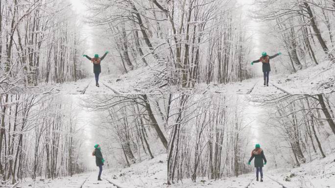 当这位年轻女子沿着被雪覆盖的小路前进时，冬天的森林展现在她面前。她被周围清新的空气和干燥的冬季美景所