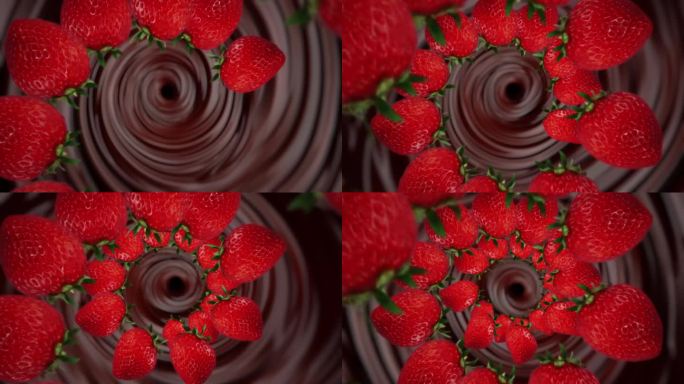 草莓在螺旋形的巧克力中缓缓落下