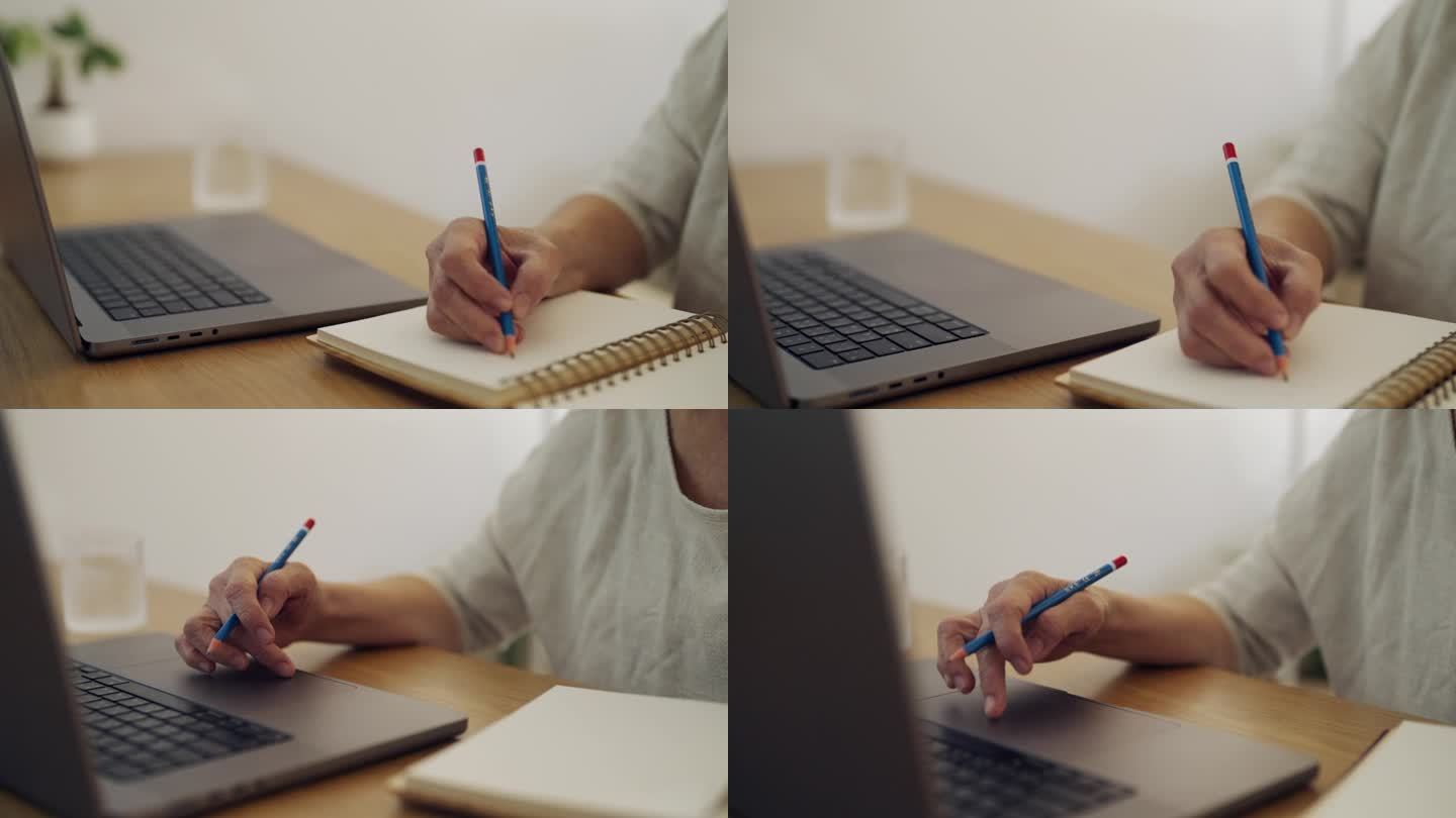 老年女性与笔记本电脑和铅笔保持联系。