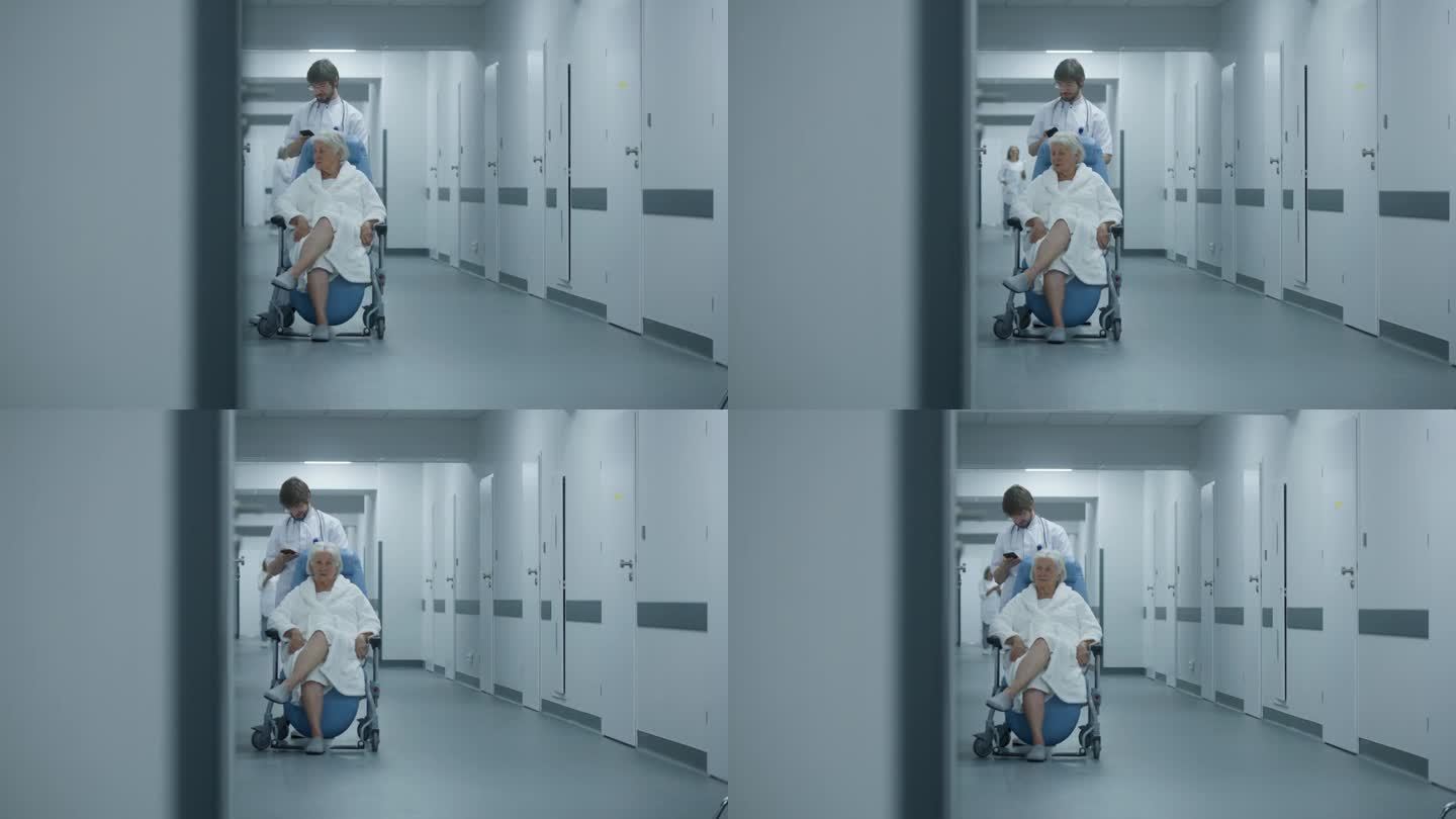 医生和病人站在诊所走廊的运输轮椅上，使用电话