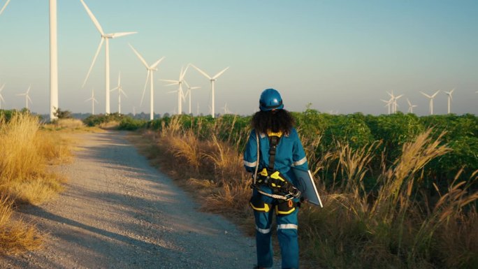 非洲女工程师用太阳能电池设备对风车领域的替代能源进行调查，用于可持续能源研究。