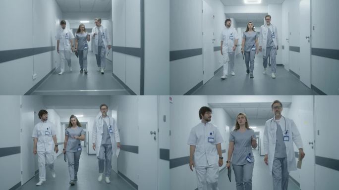 专业的医生和护士走在现代化的诊所走廊上