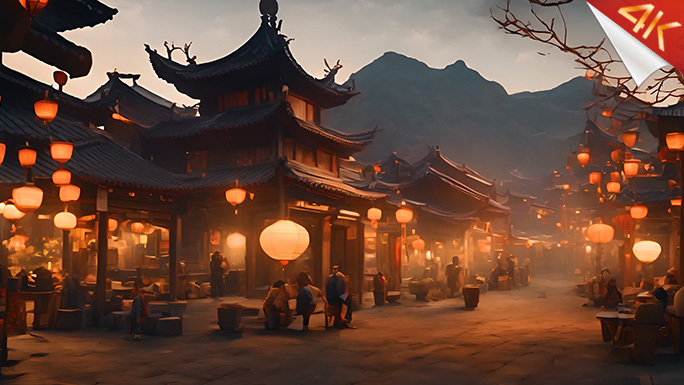 中国古镇夜晚张灯结彩充满节日气氛