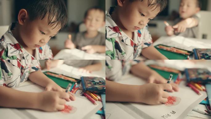 儿童教育与艺术表现:亚洲男孩通过彩色铅笔画享受家庭作业。