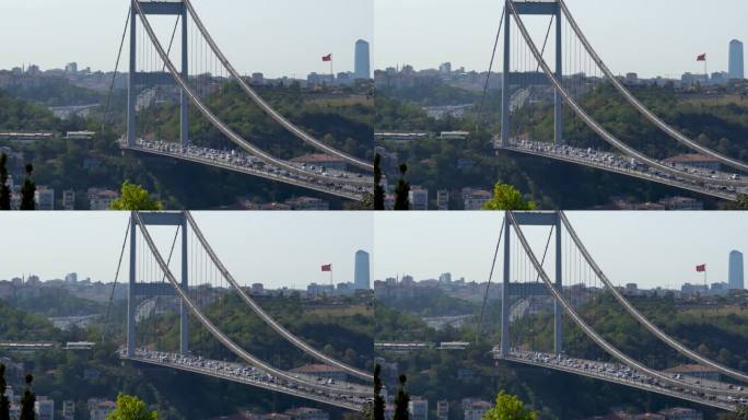 经过土耳其伊斯坦布尔博斯普鲁斯海峡法提赫苏丹穆罕默德大桥的汽车