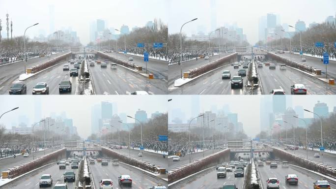 北京冬季白天下雪天三环路车流