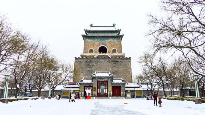 北京钟楼下雪建筑延时