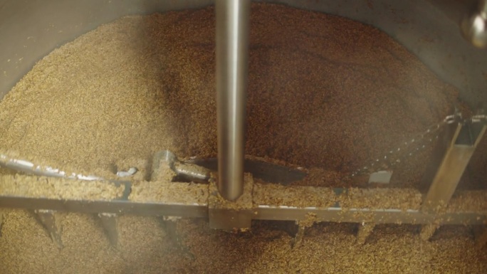 精酿啤酒生产厂，啤酒厂制造。将大麦麦芽颗粒放入传送带中特写。用金属瓶酿造、烹饪酒精。
