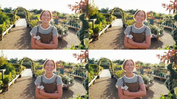 穿着围裙的微笑妇女在花园中心户外工作的肖像-慢镜头拍摄