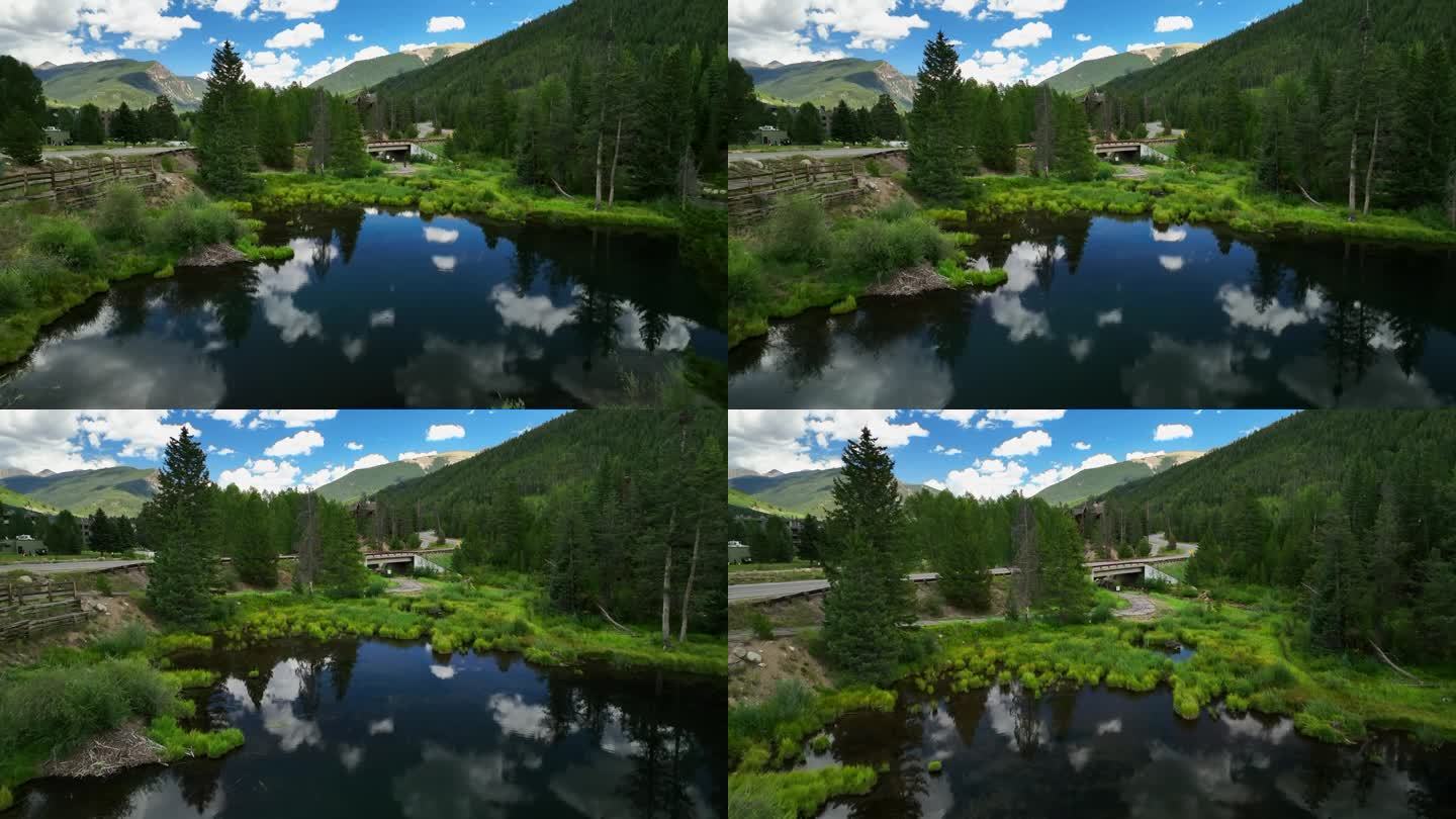 池塘湖泊镜面反射云空中电影无人机Keystone蓝色河滑雪胜地夏天布雷肯里奇科罗拉多韦尔度假胜地史诗