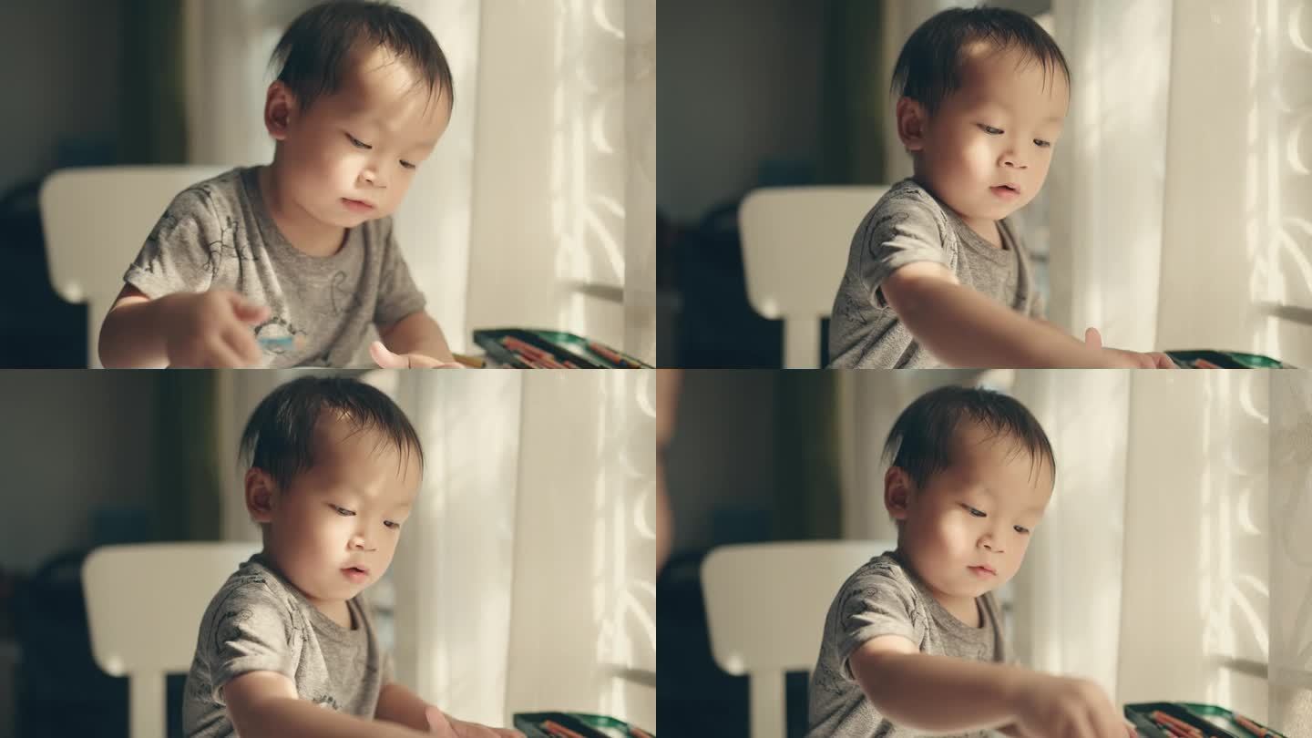 在家上学的乐趣:才华横溢的亚洲男孩用彩色铅笔画表达艺术技巧。