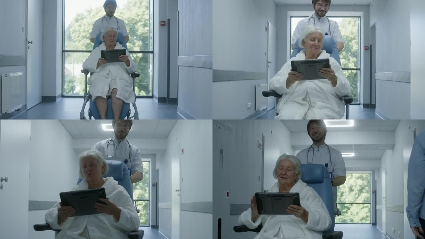 老年妇女在看电子平板电脑上的医学检查结果