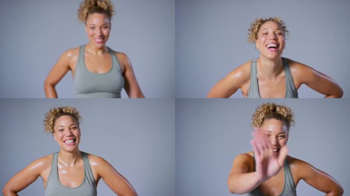 工作室肖像拍摄微笑的女人在健身房健身服装走进焦点灰色背景