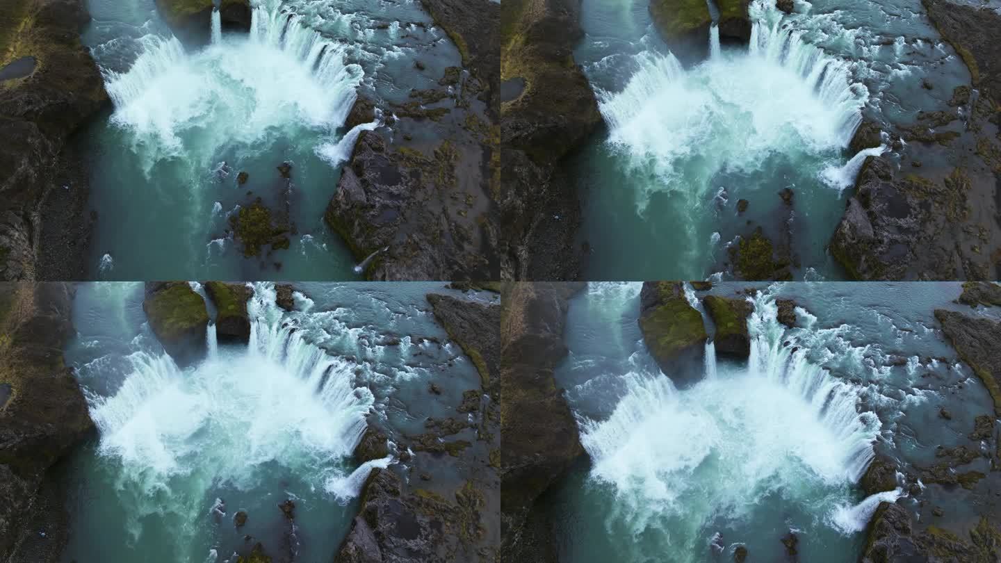 著名的神瀑布——冰岛北部的众神瀑布。无人机航拍
