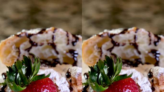 用草莓和巧克力点缀着糖浆，点缀着不同的浇头，装饰许多不同的视频照片和视频