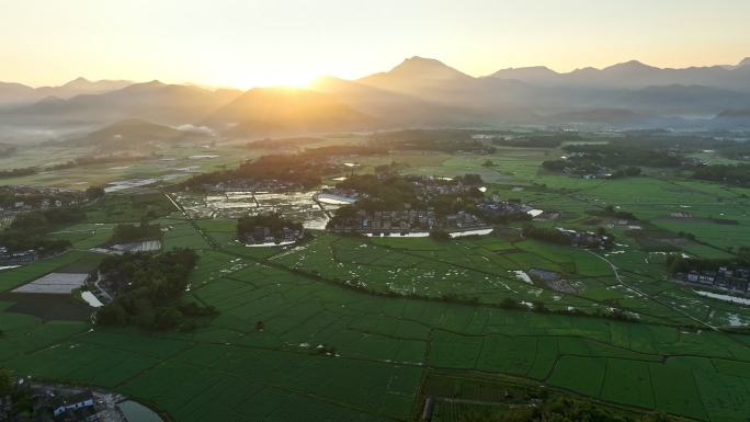 中国侨乡广东台山乡村稻田山脉山峰日出航拍