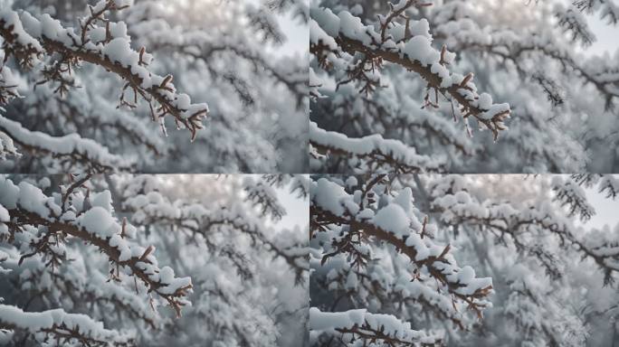 雪景冬季下雪树叶树枝