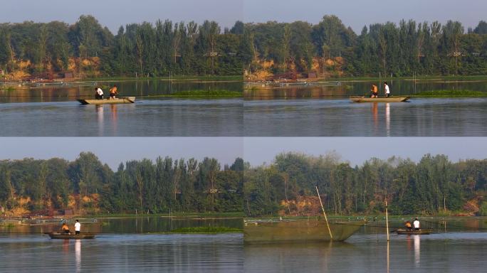 河里渔民捕鱼下网撑船空镜