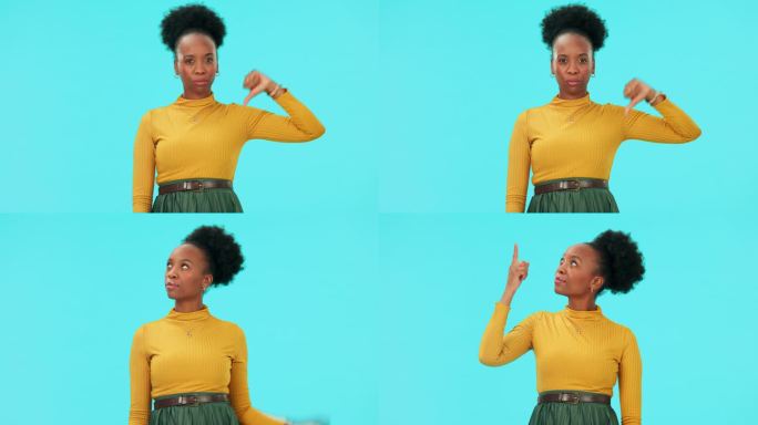 赞赞，差评，推荐给一位蓝色背景的黑人女性在工作室做选择或决定。肖像，调查和选项与年轻的女性影响者做产