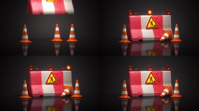 在建网站设计。交通锥路障上的路标表示重建或重建过程。三维动画