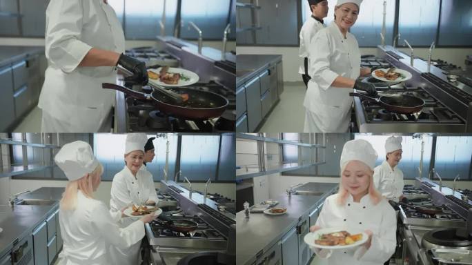 美丽的中国年轻女学生厨师，穿着白色的烹饪服，在向专业的高级女经理厨师学习烹饪后，拿着装饰精美的白色盘