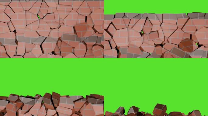 砖墙倒塌，出现绿色屏幕。3 d动画。视频效果的内容编辑。
