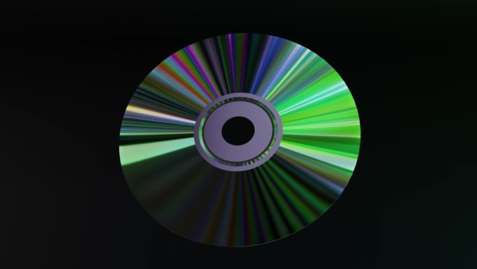 抽象的概念。CD DVD在黑色背景上旋转。彩虹。绿色霓虹色。三维动画