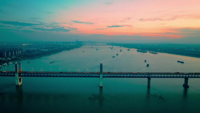 芜湖长江大桥一桥黄昏航拍延时摄影