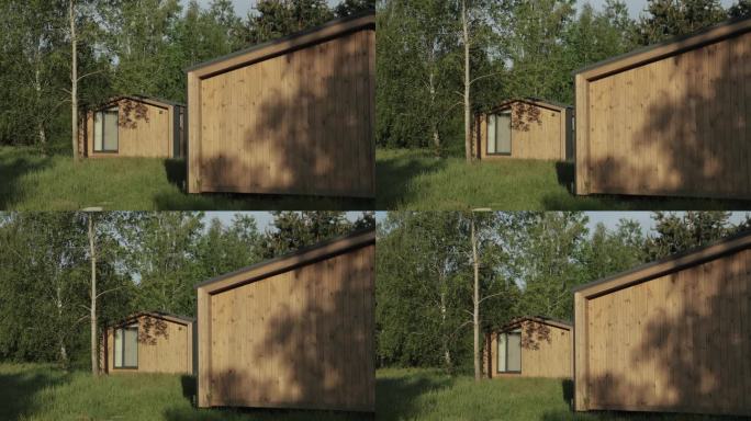 斯堪的纳维亚森林里的小房子，早晨的阴影，树叶在木墙上的木质纹理，背景，木质材料，慢动作。