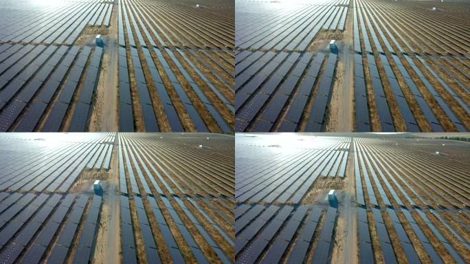 无人机的太阳能电池板，农业和太阳能的可再生能源，可持续发展和生态友好型电力在一个领域。鸟瞰图无限光伏