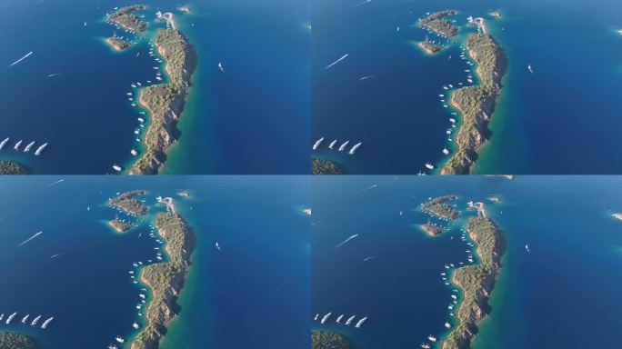 土耳其马尔代夫Yassica群岛无人机视频，Gocek Fethiye, Mugla土耳其(土耳其语