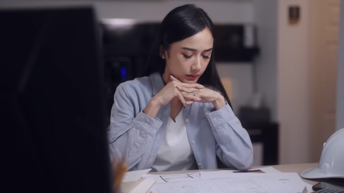 一位亚洲女建筑师在现代化的办公室里为一个房地产建设项目仔细检查绿色印刷设计，表现出坚定不移的奉献精神