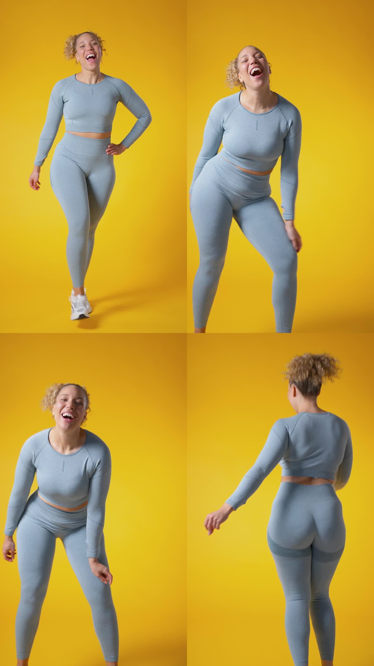 垂直视频工作室拍摄微笑的女人在健身房健身服在黄色背景运动