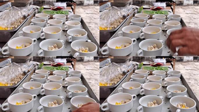 制作美味的祖帕汤的过程，一种适合婚礼餐饮的食物，风景视频