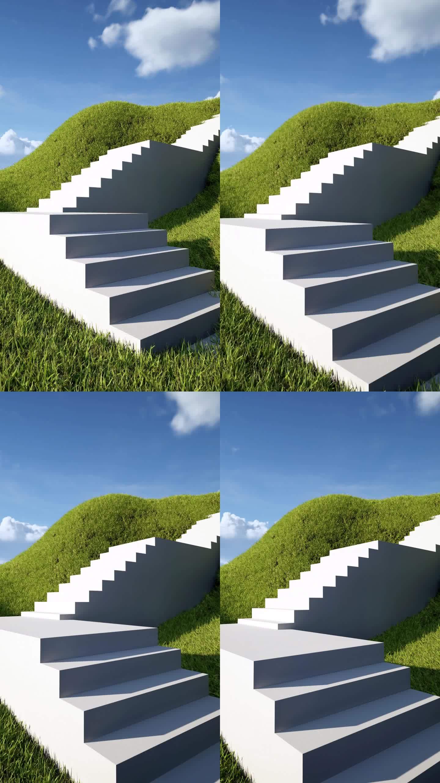平台和天然裙楼楼梯背景与草地和天空云背景的产品展示。景观场景背景3d渲染