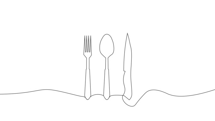 刀，叉和勺子绘制单线动画在白色的背景。厨房用具和餐具创意符号