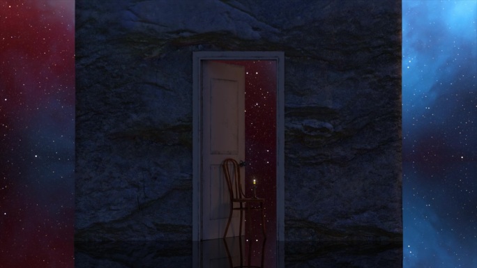 点燃的蜡烛在门口的椅子上燃烧。背景空间。蓝紫色霓虹色。想象力:3D动画