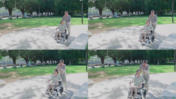 爷爷推着奶奶逛公园