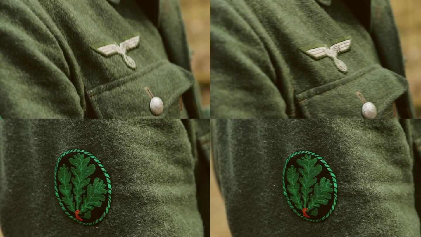 近距离观察二战时期德国士兵制服上的德国鹰徽章。德国军装上的军事装饰