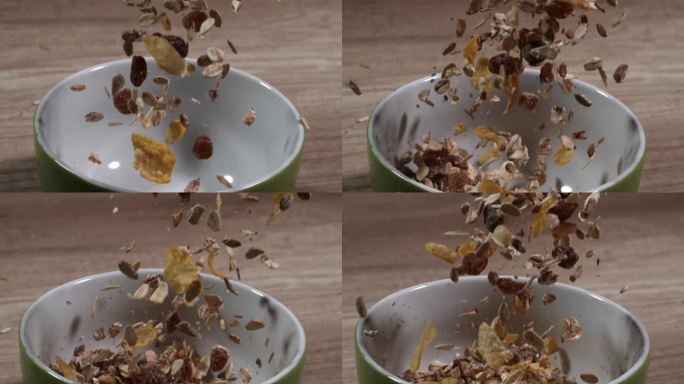 什锦麦片被倒进桌子上的碗里