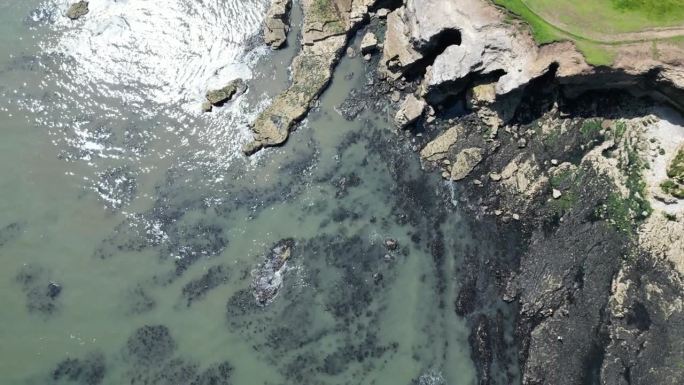 空中无人机英国海岸线。从上方直接向下拍摄。鸟瞰草崖顶，海岸，海岸，海岸线和海浪。东北英格兰马斯登桑德